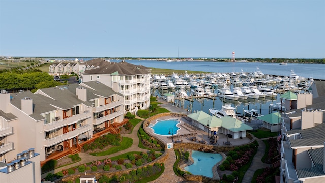 902 Ocean Dr Unit 302, Lower Township, NJ 08204 - bird's eye view of a large body of water, a pool, and numerous boat docks