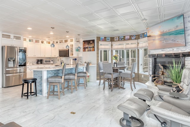 902 Ocean Dr Unit 302, Lower Township, NJ 08204 - living room featuring an ornate ceiling, a fireplace, and recessed lighting