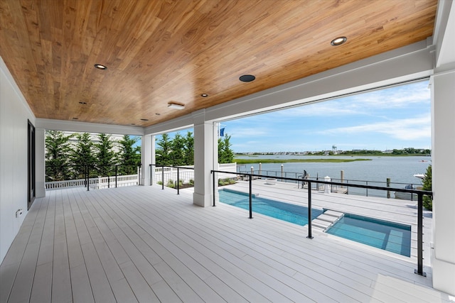 wooden deck with a water view and a fenced in pool