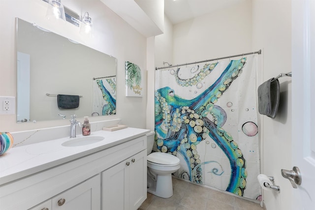 bathroom featuring vanity, curtained shower, tile patterned flooring, and toilet