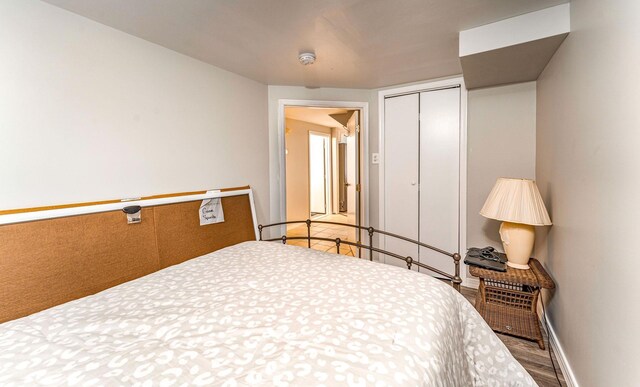 bedroom featuring wood-type flooring and a closet