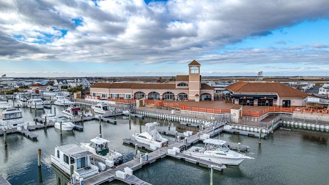 aerial view featuring a water view