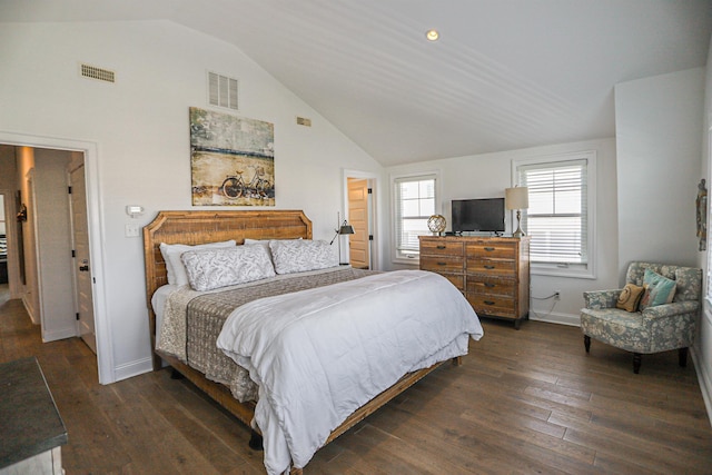 bedroom with dark wood-type flooring, visible vents, high vaulted ceiling, and baseboards