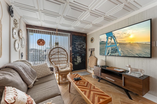 living room featuring light parquet flooring