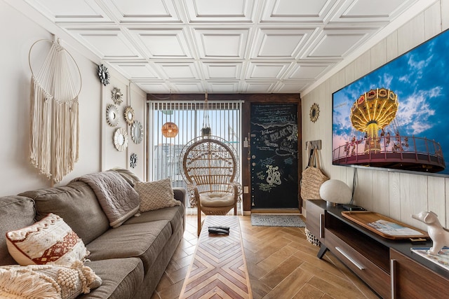 living room with light parquet floors