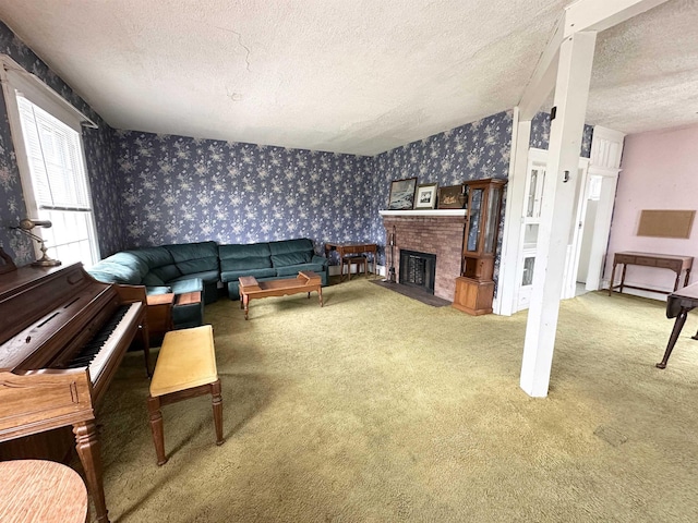 1083 Seashore Rd, Cold Spring, NJ 08204 - carpeted living area featuring wallpapered walls, a textured ceiling, and a fireplace