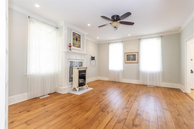 837 Seashore Rd, Lower Township, NJ 08204 - unfurnished living room with crown molding, a ceiling fan, visible vents, and light wood-style floors