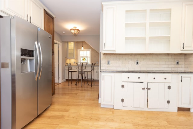 837 Seashore Rd, Lower Township, NJ 08204 - kitchen featuring open shelves, decorative backsplash, white cabinetry, stainless steel fridge with ice dispenser, and light wood finished floors