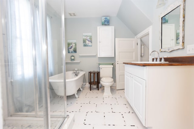 837 Seashore Rd, Lower Township, NJ 08204 - bathroom with a freestanding bath, visible vents, vanity, toilet, and vaulted ceiling
