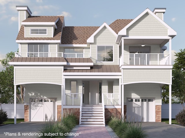 645 W Spruce Ave Unit Left, North Wildwood, NJ 08260 - view of front of house featuring an attached garage, concrete driveway, a balcony, a porch, and a standing seam roof