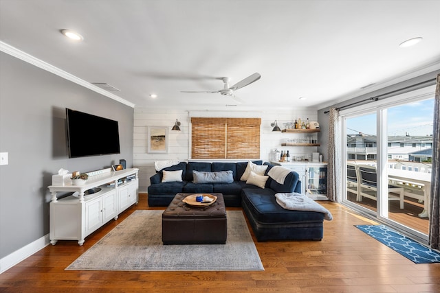 630 21st St Fl 2Nd, Avalon, NJ 08202 - living room featuring crown molding, dark wood finished floors, ceiling fan, and recessed lighting