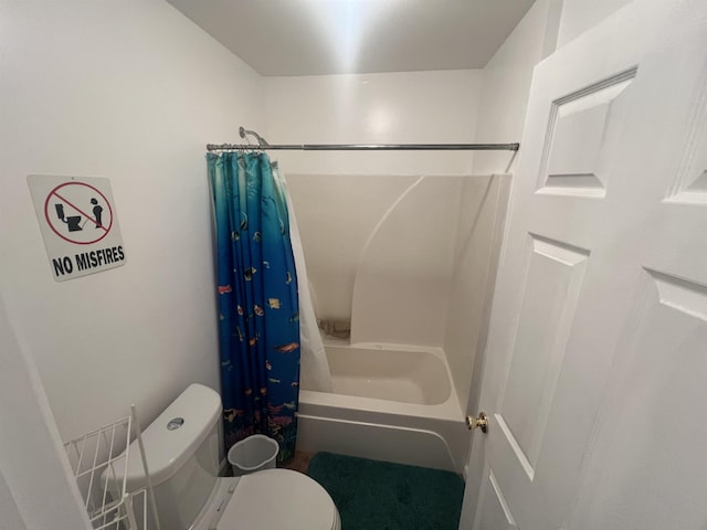 bathroom with shower / bathtub combination with curtain and toilet