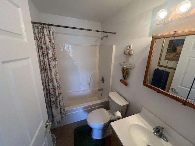 full bathroom featuring tile patterned flooring, vanity, shower / bath combination with curtain, and toilet