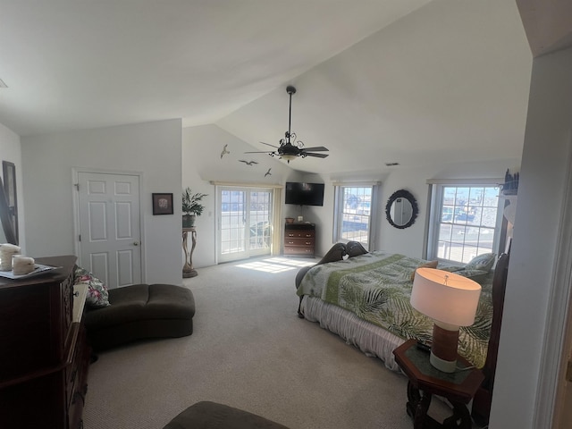 bedroom with vaulted ceiling, carpet flooring, access to outside, and ceiling fan