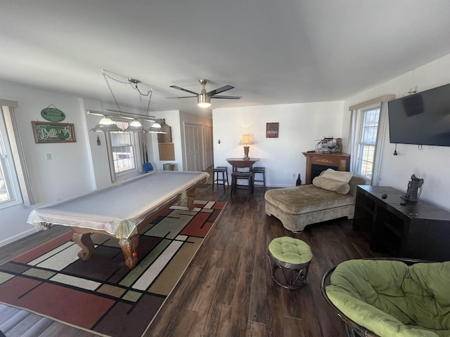 recreation room featuring billiards, dark hardwood / wood-style floors, and ceiling fan