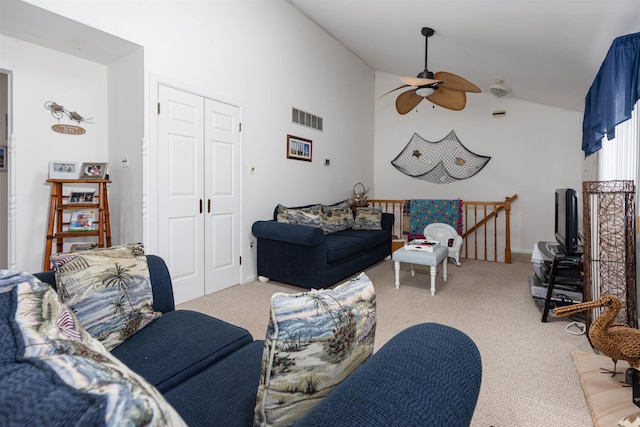 117B W Topeka Ave Unit B, Wildwood Crest, NJ 08260 - carpeted living room with a ceiling fan and vaulted ceiling
