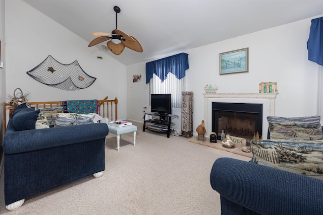 117B W Topeka Ave Unit B, Wildwood Crest, NJ 08260 - carpeted living room with ceiling fan, lofted ceiling, and a fireplace with raised hearth
