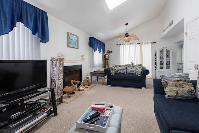 117B W Topeka Ave Unit B, Wildwood Crest, NJ 08260 - carpeted living area featuring a ceiling fan, vaulted ceiling, and a fireplace with raised hearth
