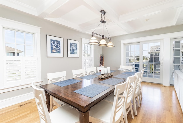 dining area with coffered ceiling, beam ceiling, visible vents, and light wood finished floors