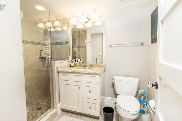 full bathroom with visible vents, toilet, a shower stall, vanity, and baseboards