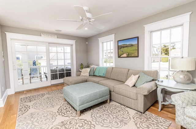 living room featuring a ceiling fan and wood finished floors