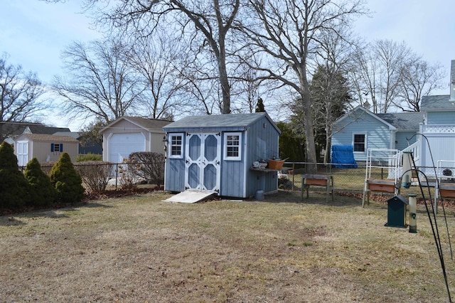 view of shed with fence