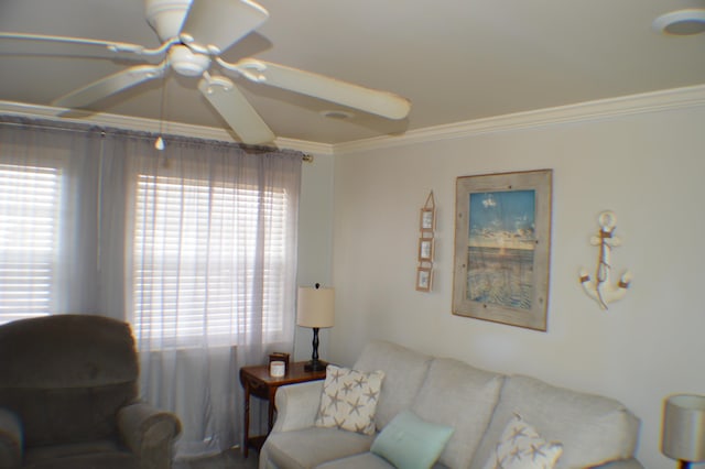 living room with ornamental molding and ceiling fan