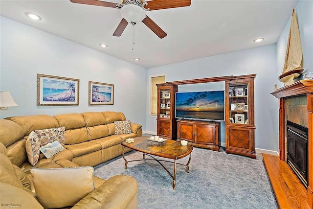 48 Cedar Meadow Dr, Cape May Court House, NJ 08210 - living room featuring a glass covered fireplace, baseboards, recessed lighting, a ceiling fan, and wood finished floors