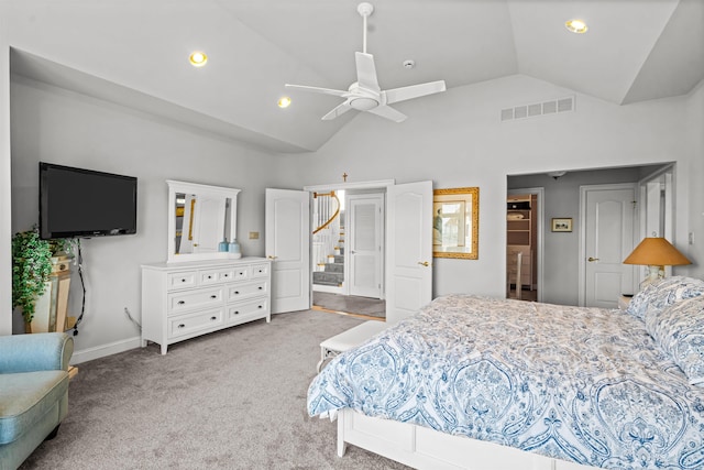 bedroom with recessed lighting, carpet flooring, a ceiling fan, visible vents, and high vaulted ceiling