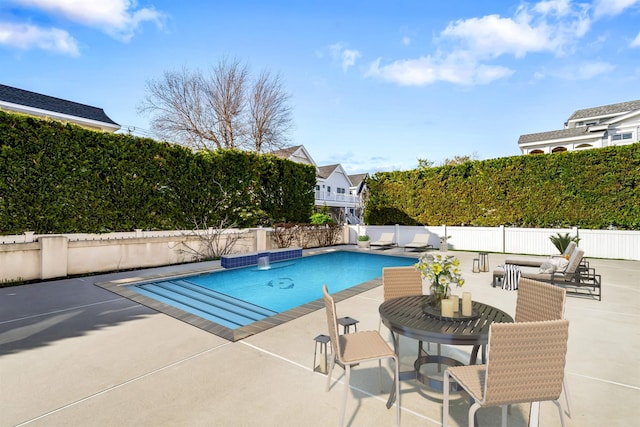 view of swimming pool featuring a fenced backyard, a fenced in pool, and a patio