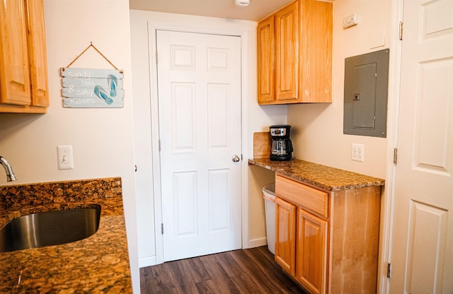 kitchen featuring dark wood-style flooring, dark stone countertops, a sink, and electric panel