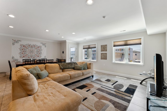 tiled living room featuring ornamental molding