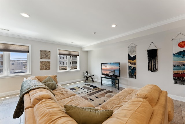 tiled living room featuring ornamental molding