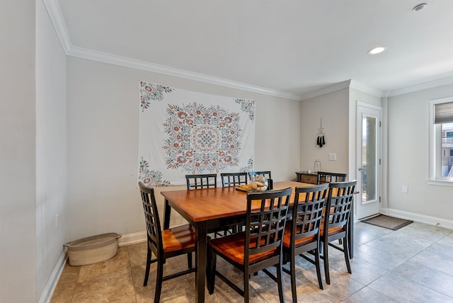 tiled dining space with ornamental molding