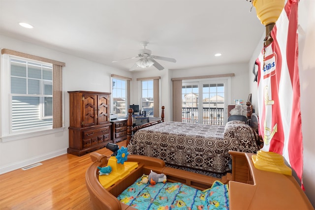 bedroom with access to outside, ceiling fan, and light hardwood / wood-style floors