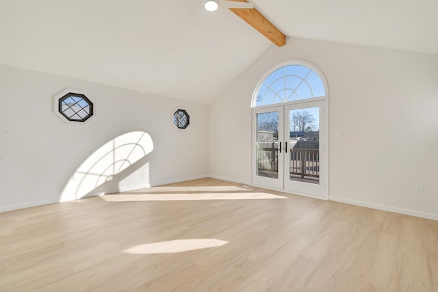 715 Eldredge Ave, North Cape May, NJ 08204 - unfurnished living room featuring french doors, a ceiling fan, light wood-type flooring, baseboards, and lofted ceiling with beams