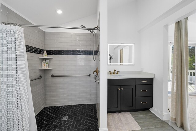 127 34th St, Avalon, NJ 08202 - bathroom with a stall shower, vanity, recessed lighting, and wood finished floors