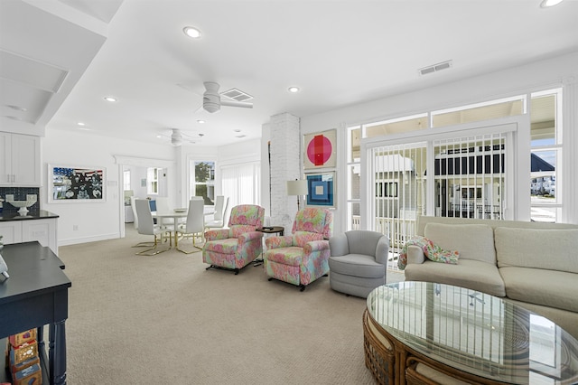 127 34th St, Avalon, NJ 08202 - living area with light carpet, recessed lighting, a ceiling fan, and baseboards