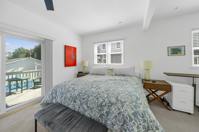127 34th St, Avalon, NJ 08202 - bedroom with carpet floors, access to exterior, beamed ceiling, and ceiling fan