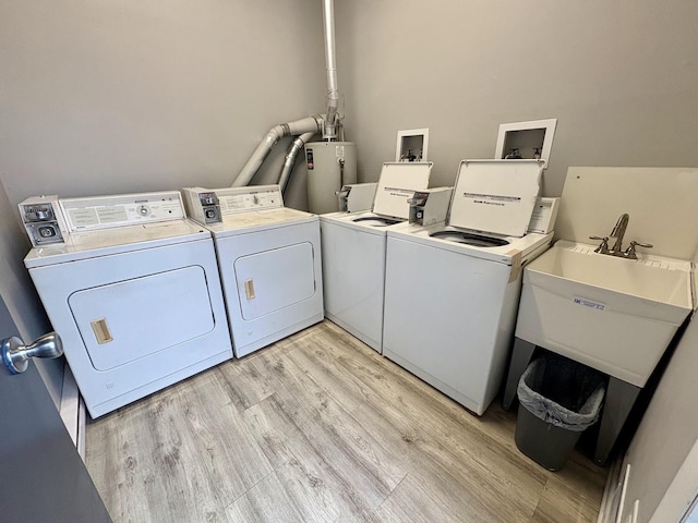 875 Plymouth Pl Unit 33, Ocean City, NJ 08226 - laundry room featuring water heater, washing machine and clothes dryer, light wood-style floors, and a sink