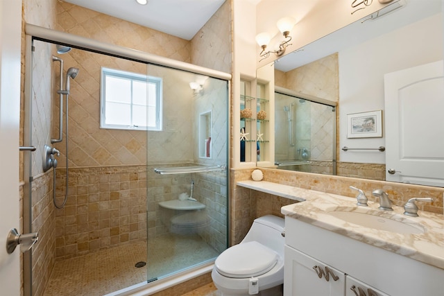 9 Seabreeze Ln, Avalon Manor, NJ 08202 - bathroom with vanity, a stall shower, and tile walls