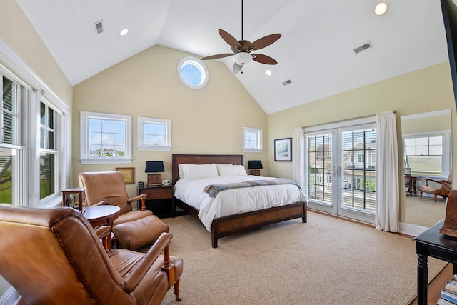 9 Seabreeze Ln, Avalon Manor, NJ 08202 - bedroom with access to exterior, high vaulted ceiling, a ceiling fan, recessed lighting, and carpet flooring