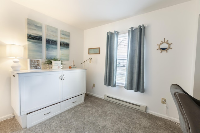 unfurnished bedroom with light colored carpet, baseboards, and a baseboard radiator