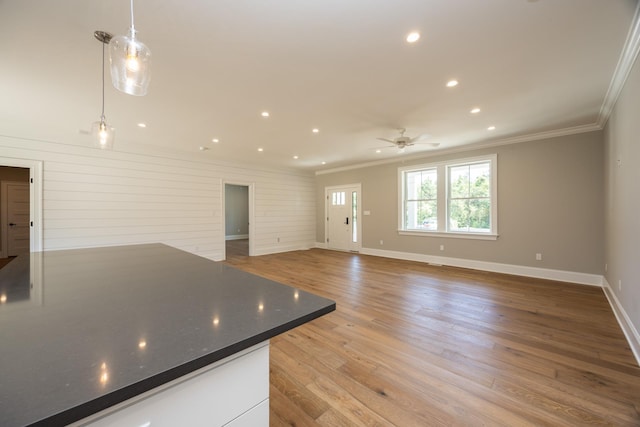 1840 Rt 9th Hwy, Seaville, NJ 08230 - kitchen featuring crown molding, baseboards, ceiling fan, light wood-style flooring, and recessed lighting