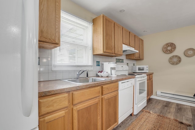 39 E Pacific Ave, Villas, NJ 08251 - kitchen with under cabinet range hood, white appliances, backsplash, dark wood-type flooring, and baseboard heating
