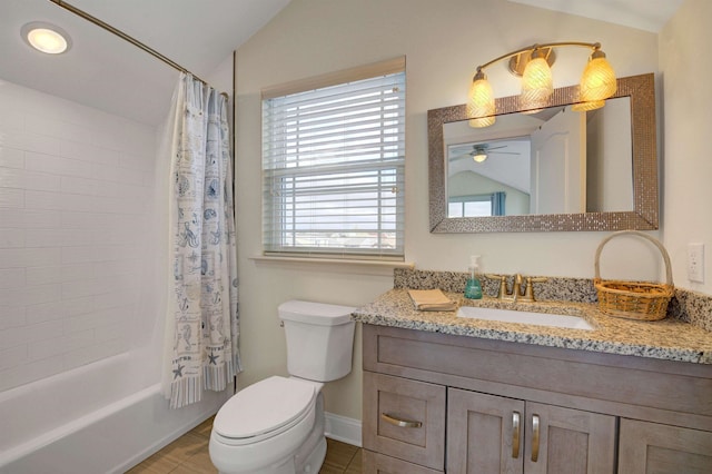 full bathroom featuring lofted ceiling, toilet, vanity, baseboards, and shower / tub combo with curtain