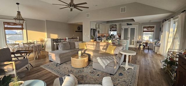 424 W Andrews Ave, Wildwood, NJ 08260 - living room featuring a ceiling fan, vaulted ceiling, and wood finished floors