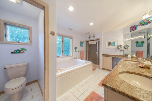 full bathroom with tile patterned floors, vanity, toilet, and plus walk in shower