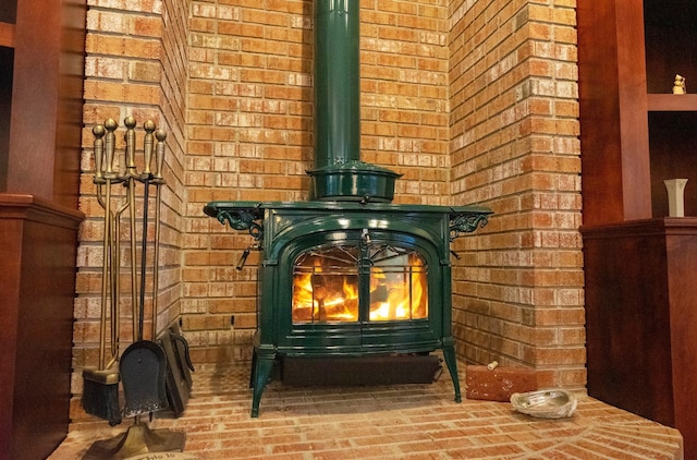 interior details featuring a wood stove