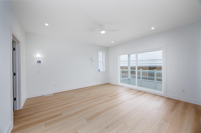 unfurnished room with recessed lighting, baseboards, ceiling fan, and light wood finished floors